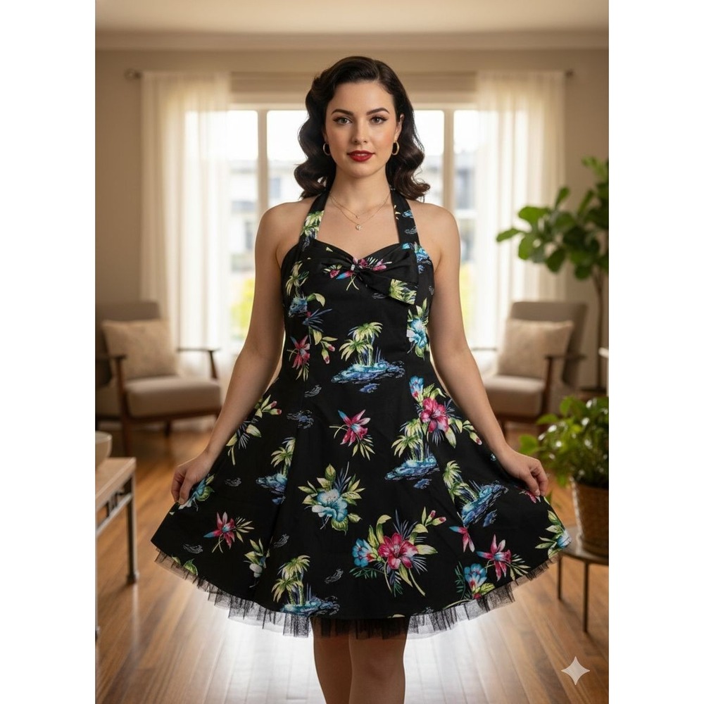 Hearts & Roses London Tropical Floral Halter Rockabilly Pinup Dress Black Sz 12